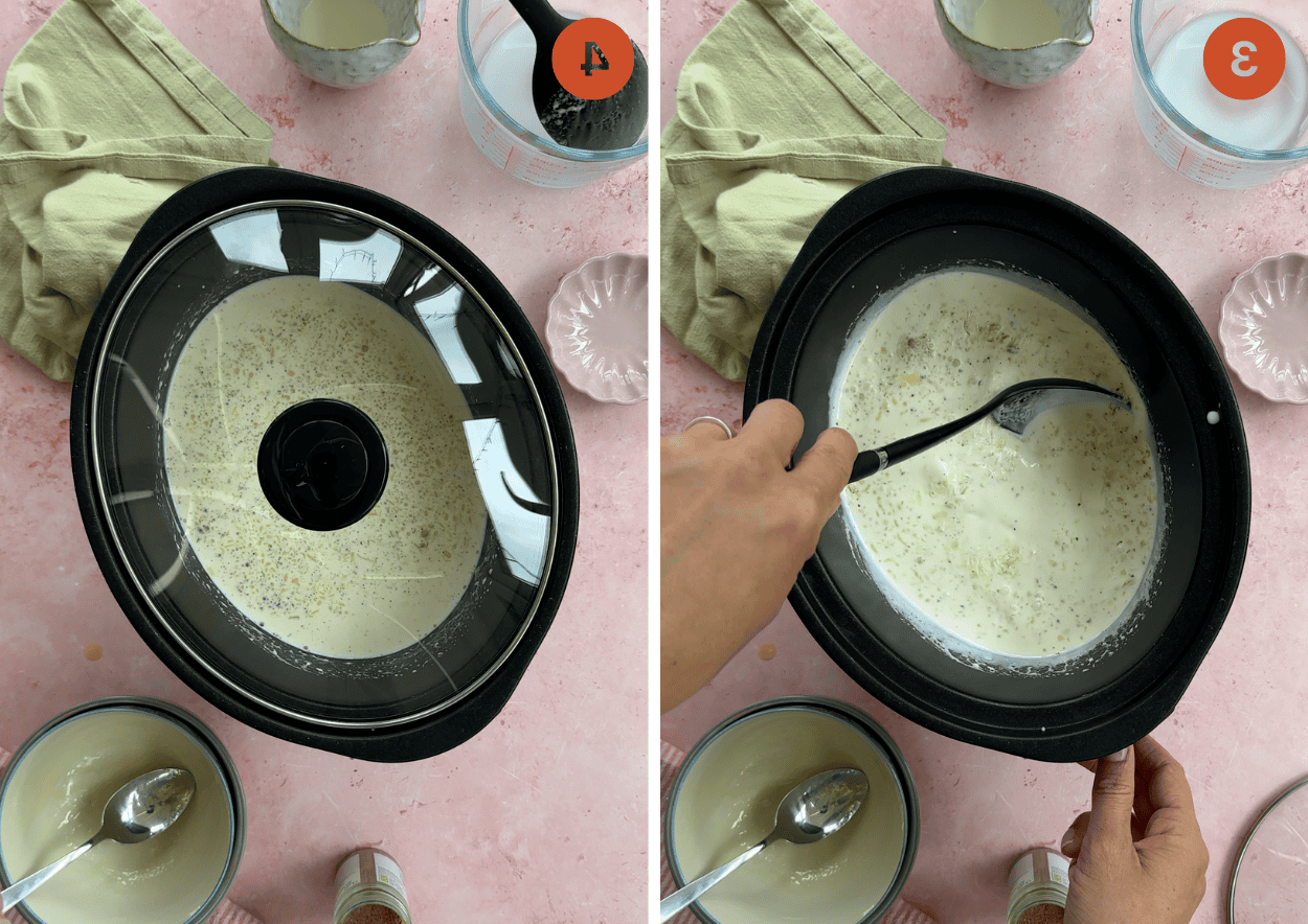 Preparare il budino di riso in slow cooker - i passaggi della ricetta mostrano come mescolare il composto e poi posizionare il coperchio della slow cooker.