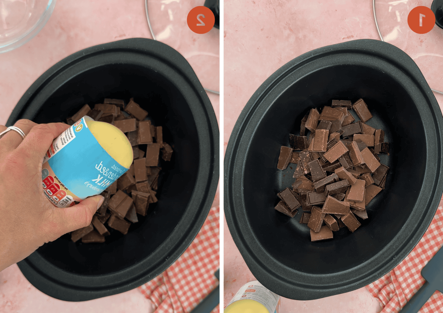 Fudge al Cioccolato in Slow Cooker 5 Aggiungere i pezzi di cioccolato e il latte condensato zuccherato nella slow cooker per fare il fudge.