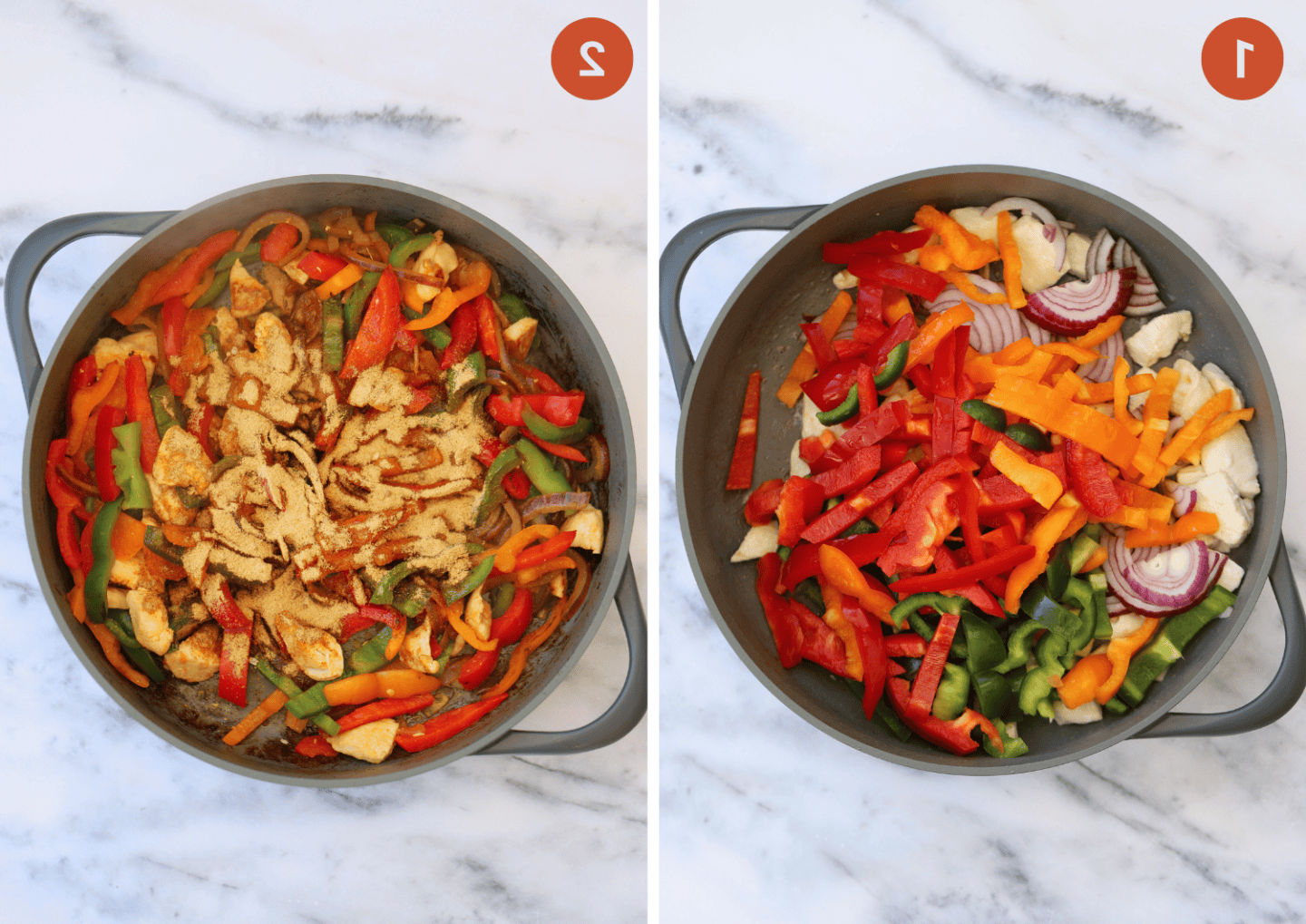 Friggere il pollo e le verdure in una grande padella, quindi aggiungere il condimento fajita.