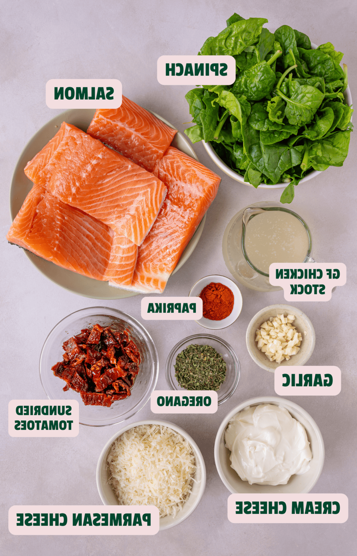 Salmone Cremoso Toscano 5 Ingredienti per il Salmone alla Toscana su uno sfondo rosa con etichette di testo.