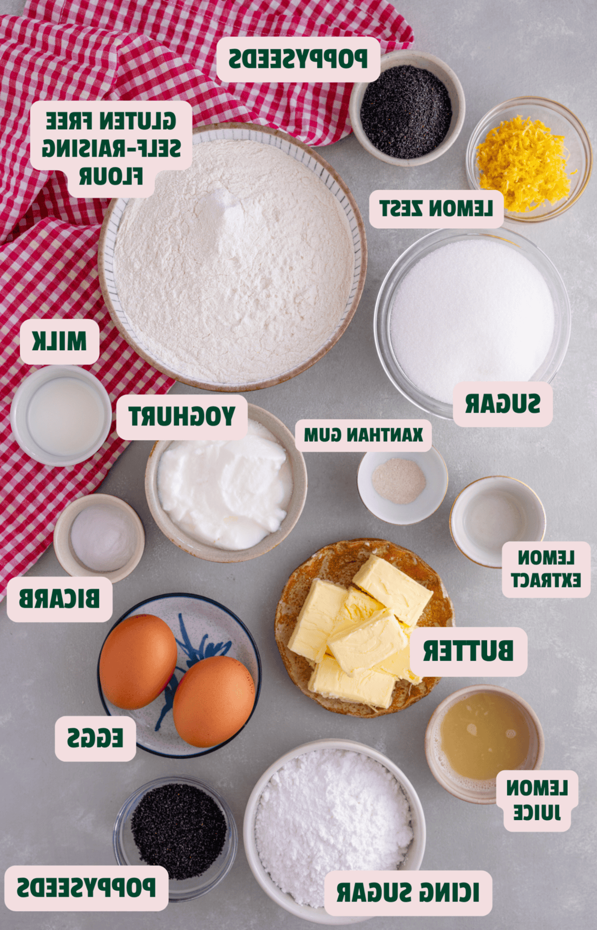 Ingredienti per muffin al limone e semi di papavero con etichette di testo.