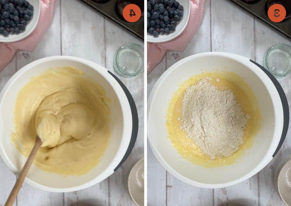 Muffins ai Mirtilli Senza Glutine 5 Aggiungere la farina all'impasto per muffin senza glutine in una ciotola.
