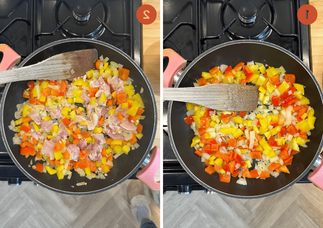 Orzo al Pollo Cajun 5 Soffritto di pollo, cipolla e peperoni per l'orzo Cajun senza glutine.