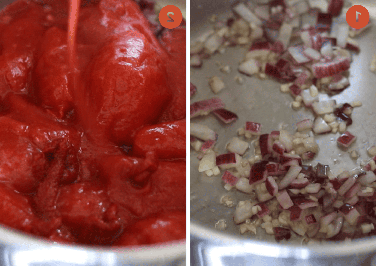 Soffriggere cipolle in una padella e poi aggiungere pomodori in scatola e concentrato di pomodoro.