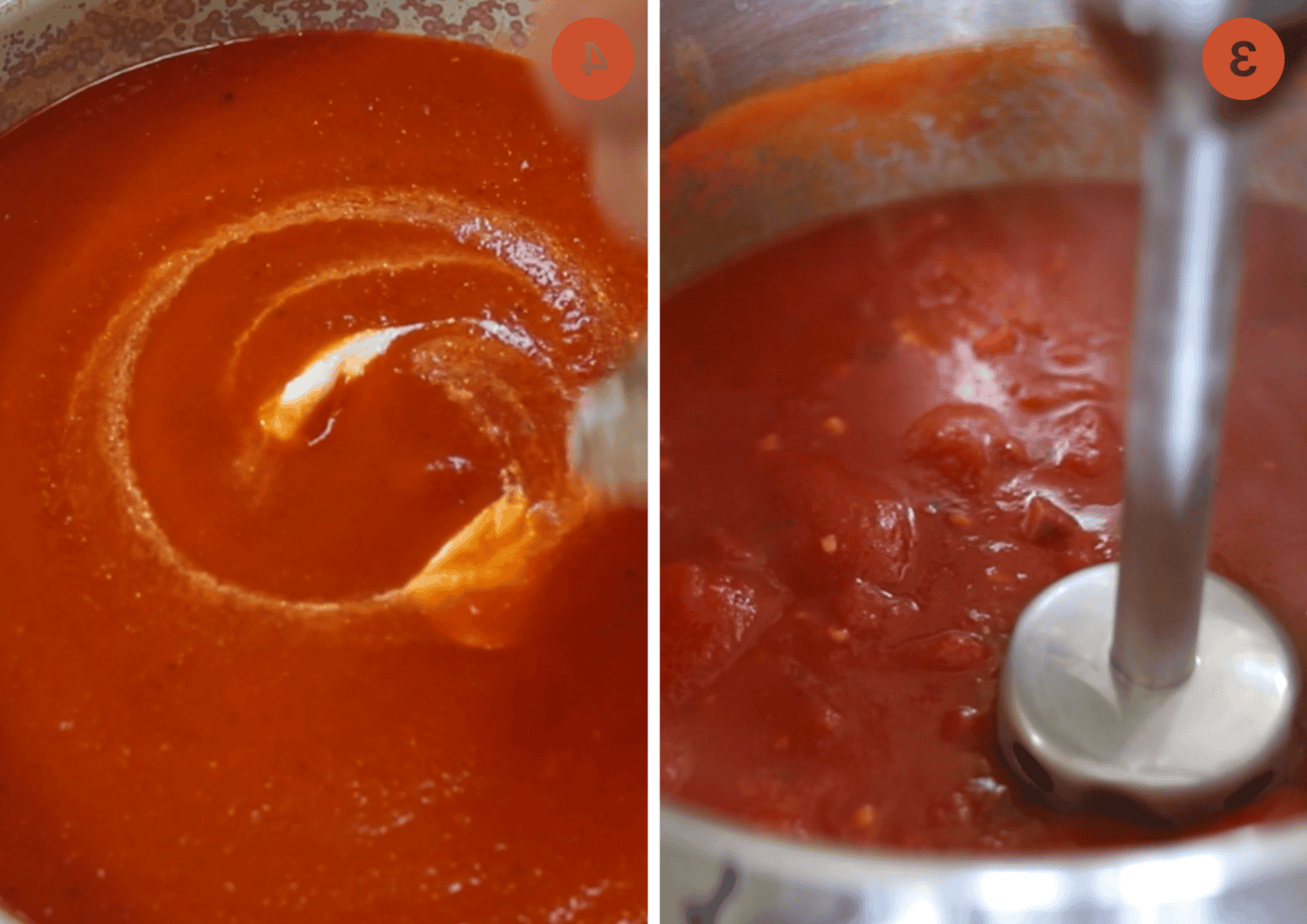 Frullare la zuppa di pomodoro fatta in casa direttamente nella pentola, poi guarnire con panna acida.