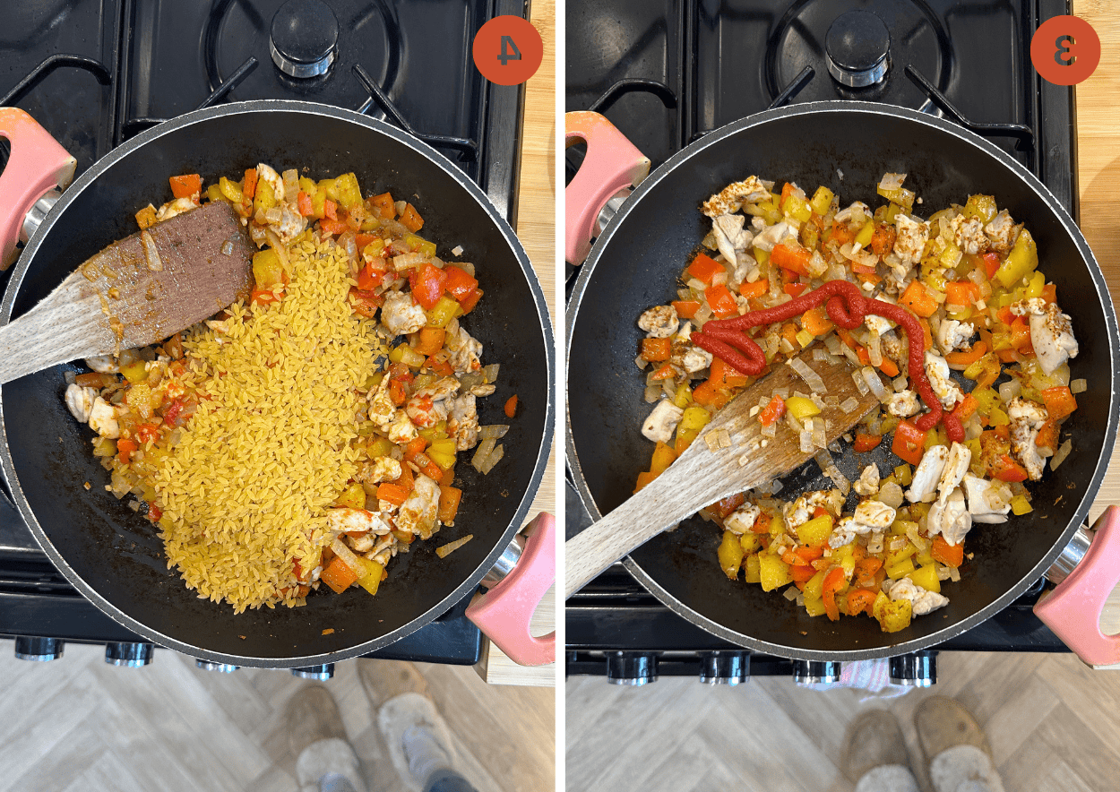 Orzo al Pollo Cajun 6 Aggiunta di spezie Cajun, concentrato di pomodoro e orzo ai peperoni e cipolle soffritti.