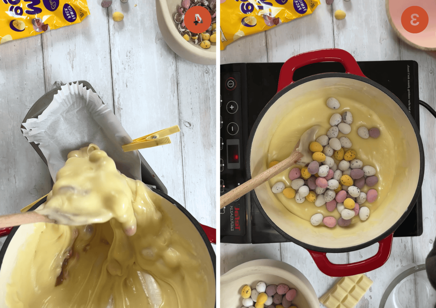 Fudge alle Mini Uova 6 Aggiungere mini uova al composto di fudge e versarlo in una teglia.