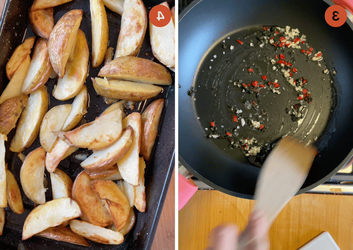 Patate a spicchi senza glutine 6 Friggere aglio, peperoncino e coriandolo. Destra: gli spicchi di patate cotti al forno in una teglia.