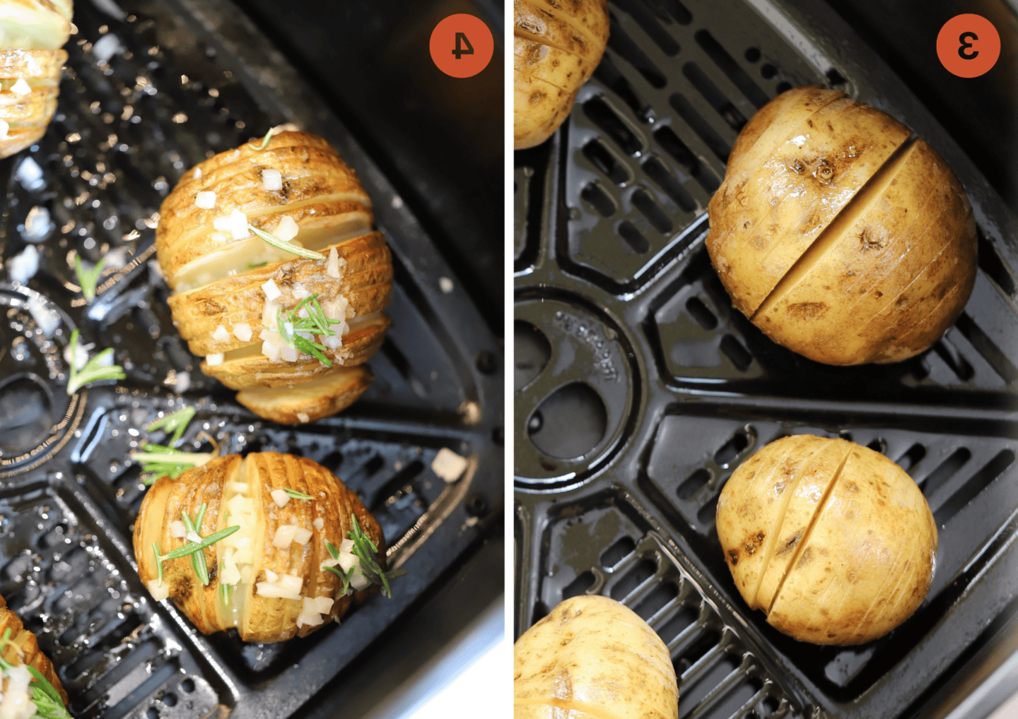 Patate Hasselback in friggitrice ad aria 5 Le patate nella friggitrice ad aria prima e dopo l'aggiunta del burro all'aglio.