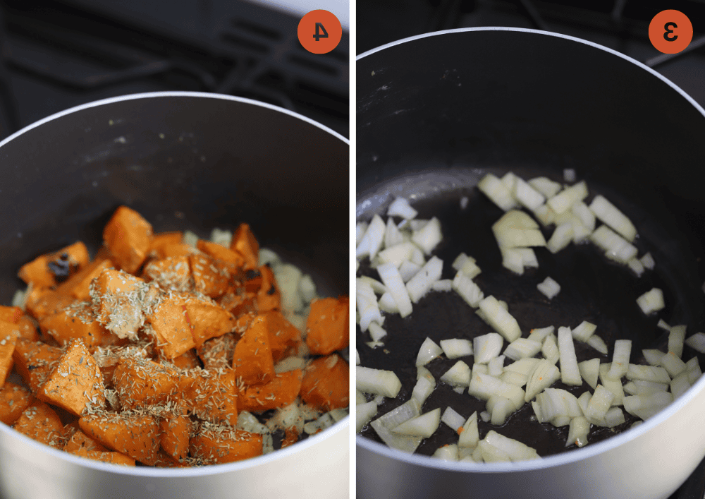 Zuppa di Zucca Violina e Patate Dolci 6 Soffriggere la cipolla in una padella e poi aggiungere le verdure arrostite per la zuppa.