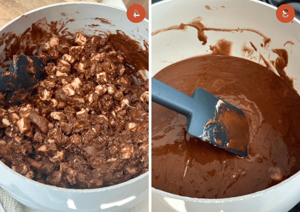 Rocky Road Senza Glutine 6 Mescolare gli ingredienti del rocky road nel cioccolato fuso in una padella.