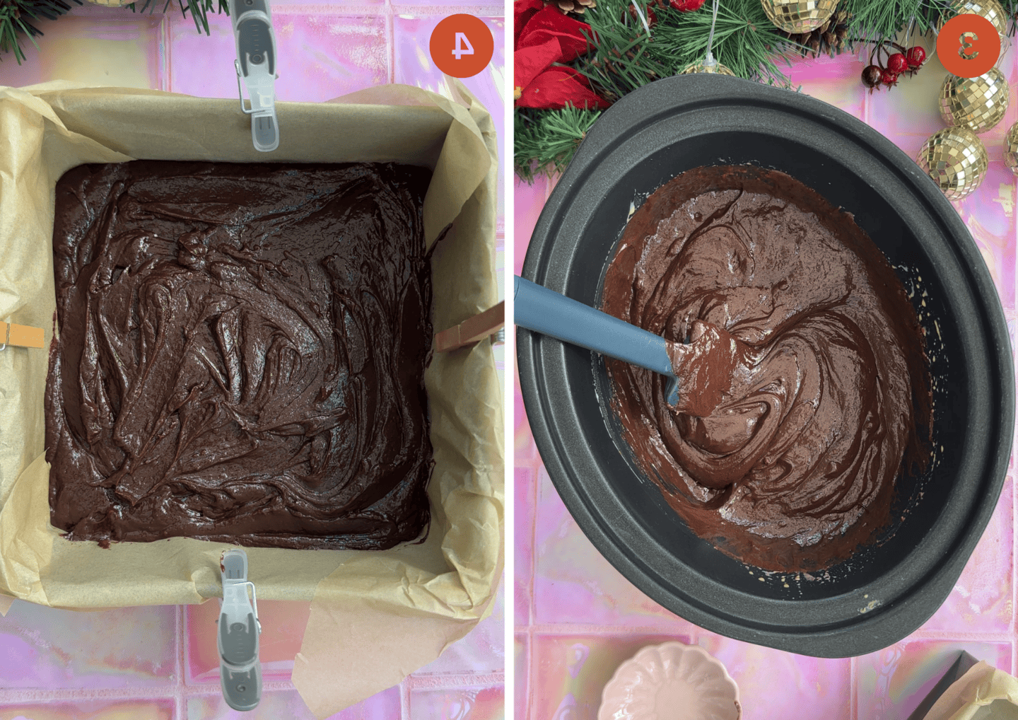 Fudge al Baileys 6 La miscela di fudge al Baileys nella slow cooker e (a destra) in una teglia da forno.