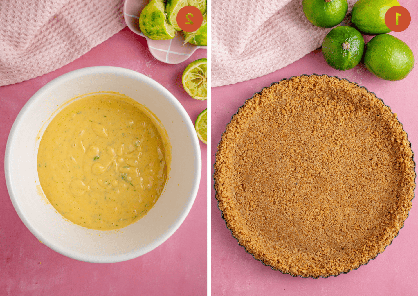 Torta al Lime Senza Glutine 6 La base di biscotti pressata in uno stampo e (a destra) il ripieno della Torta Key Lime.