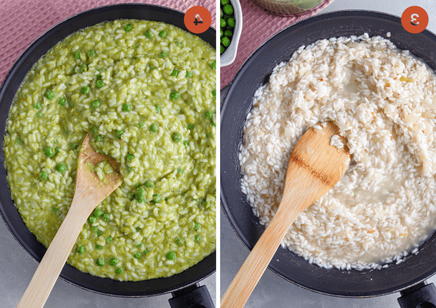Risotto di Piselli 6 Mescolare il brodo nel risotto e (a destra) con la purea di piselli aggiunta.