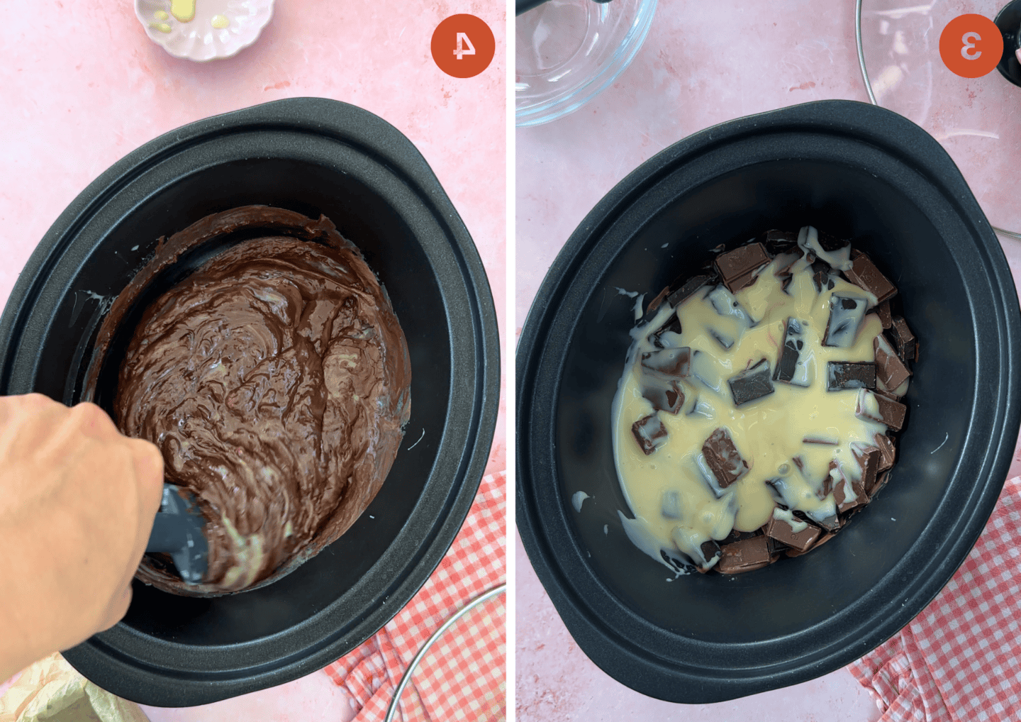 Fudge al Cioccolato in Slow Cooker 6 Il composto di fudge nella slow cooker (sinistra) prima di sciogliersi e (destra) mescolato a metà cottura.