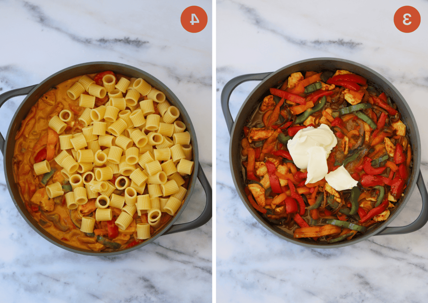 Aggiungere tutti gli ingredienti nella padella per preparare la pasta fajita al pollo.