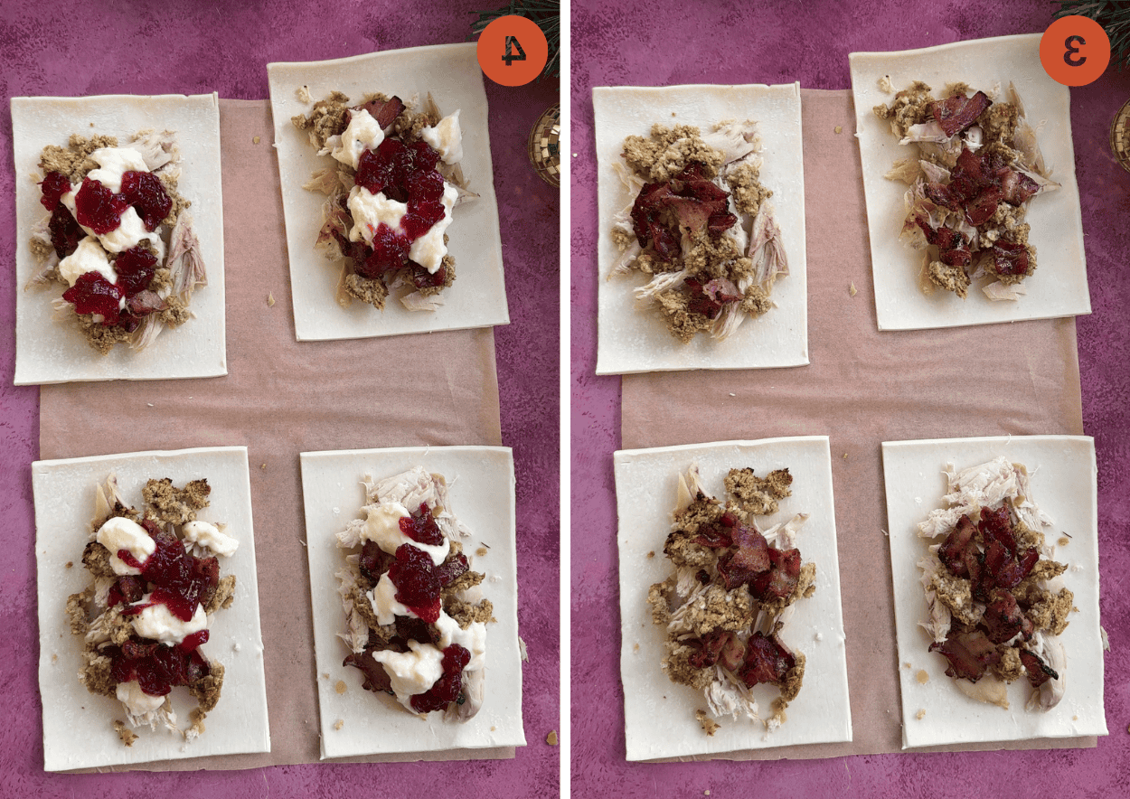 Aggiunta del ripieno ai rettangoli di pasta sfoglia per le torte salate natalizie.