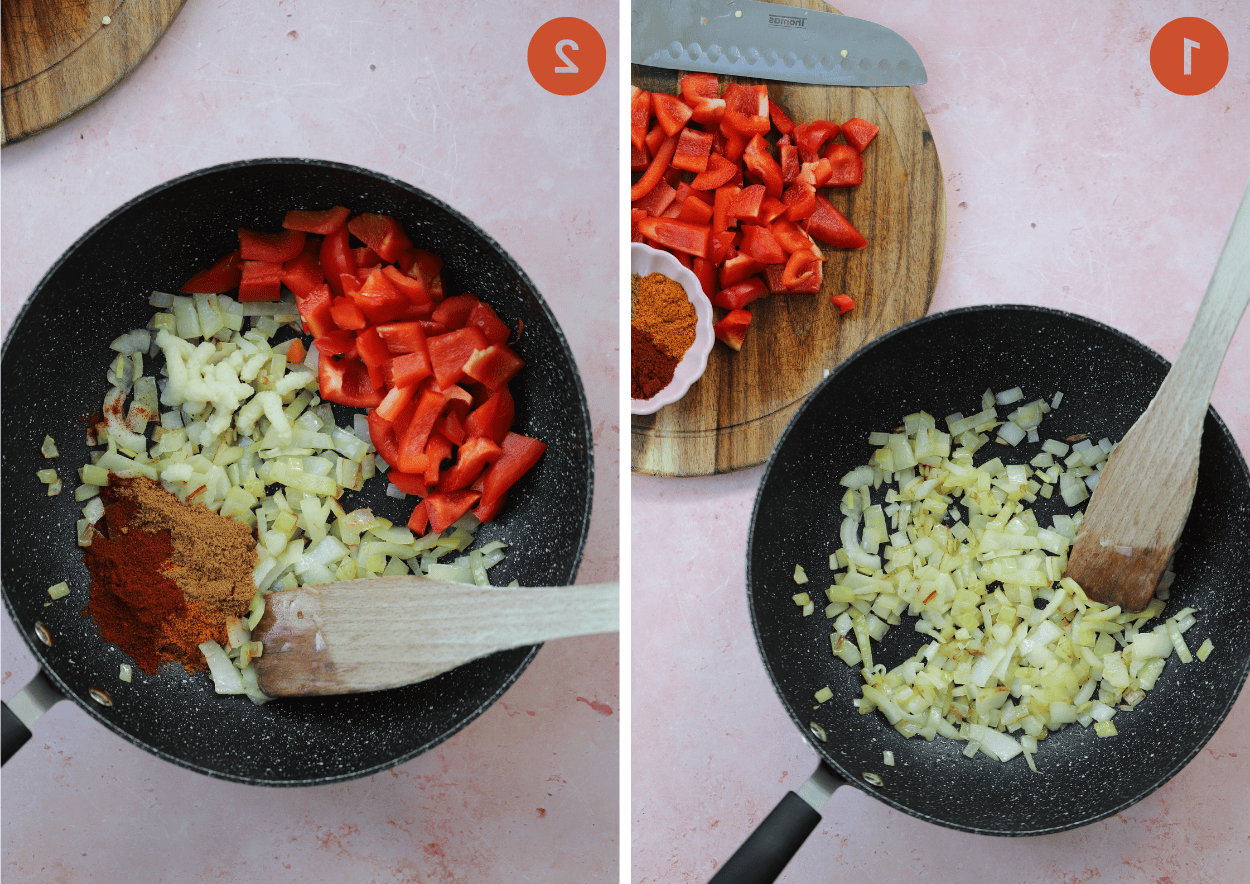 Chilli Con Carne Senza Glutine 6 Soffriggere le cipolle in una padella e poi aggiungere le spezie e il peperone rosso per fare il chilli con carne.