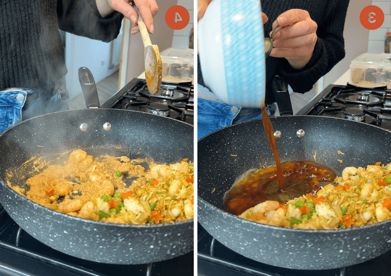 Riso Fritto di Singapore 6 Aggiungere l'uovo al wok per fare il riso fritto alla Singapore.