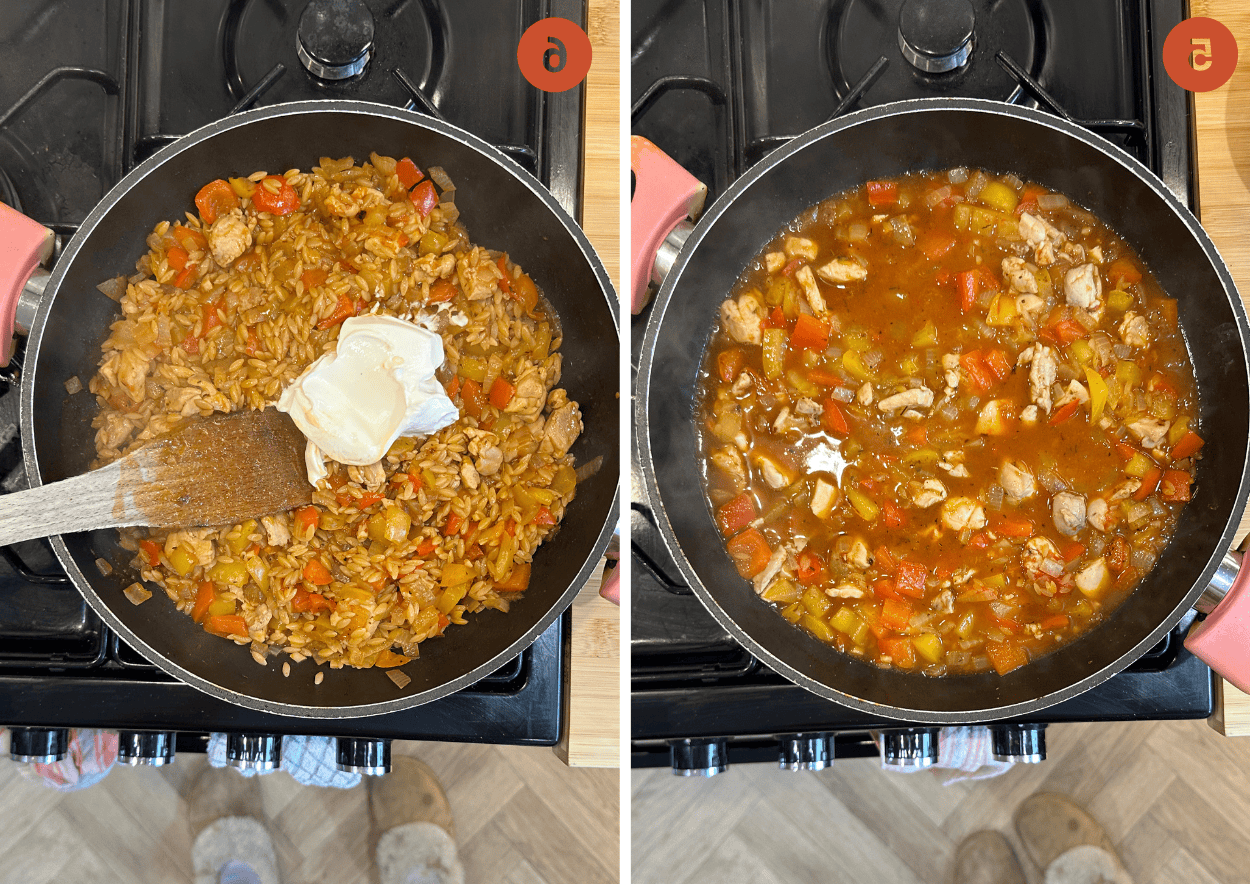 Orzo al Pollo Cajun 7 L'orzo cremoso al pollo Cajun prima e dopo la cottura, con formaggio cremoso aggiunto.