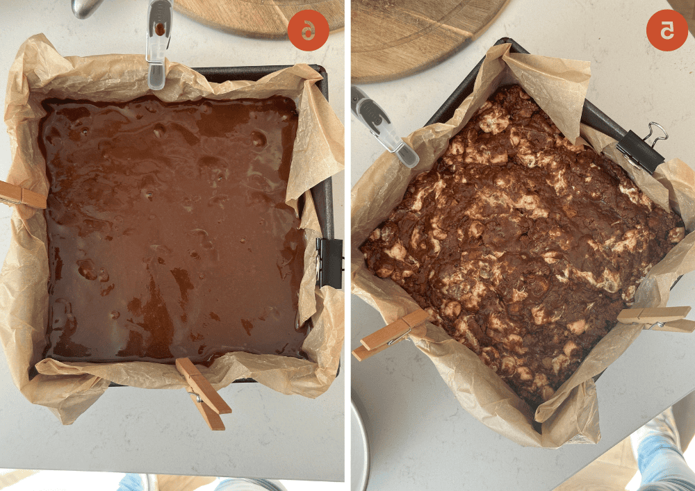 Rocky Road Senza Glutine 7 Il rocky road in una teglia quadrata prima e dopo aver aggiunto la copertura di cioccolato.