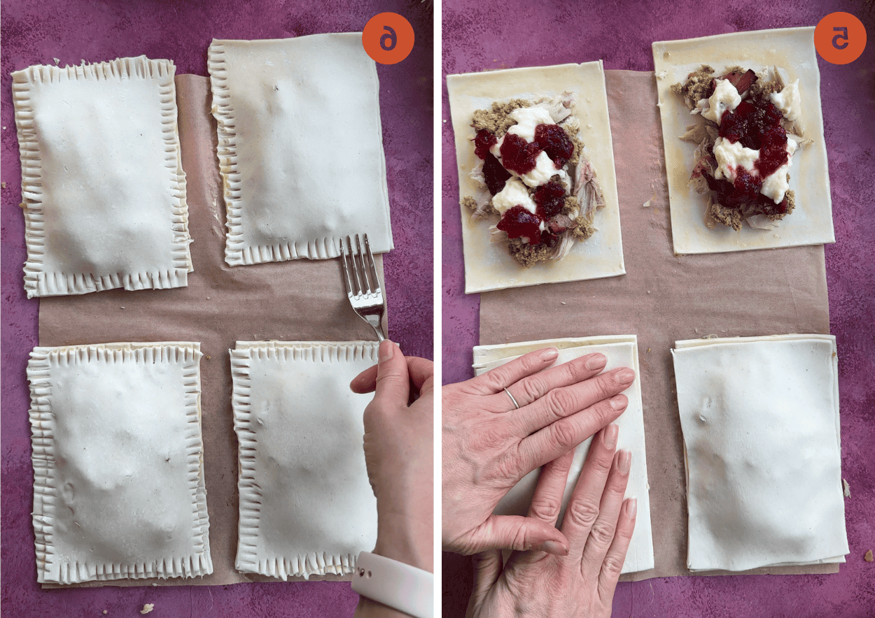 Completamento delle torte salate natalizie e sigillatura dei bordi con una forchetta.