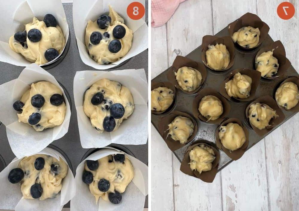 Muffins ai Mirtilli Senza Glutine 7 L'impasto per muffin ai mirtilli senza glutine in una teglia da forno prima della cottura.