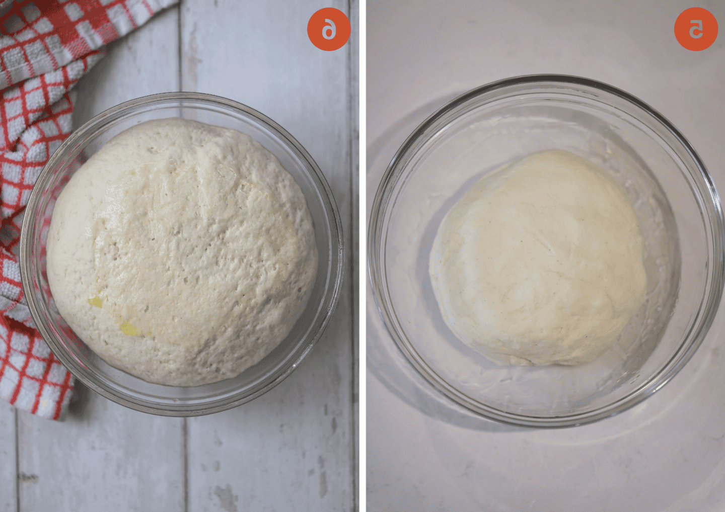 Caputo Impasto per Pizza Senza Glutine 7 L'impasto della pizza Caputo senza glutine prima e dopo la lievitazione, mostrando un raddoppio del volume.