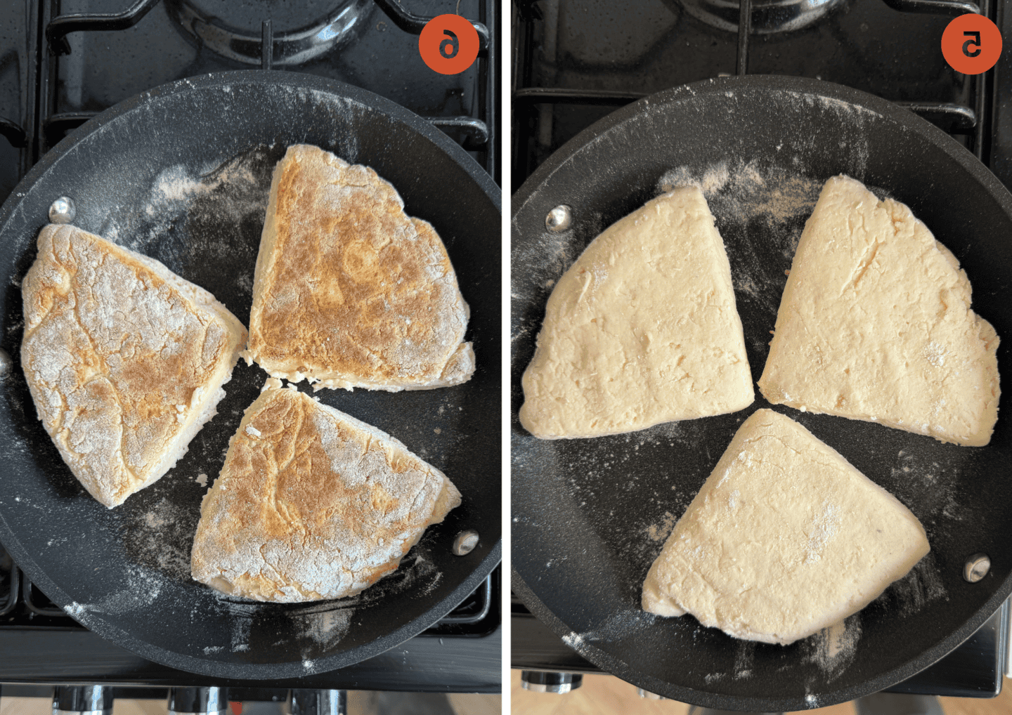 I farls di soda in padella prima e dopo il capovolgimento.