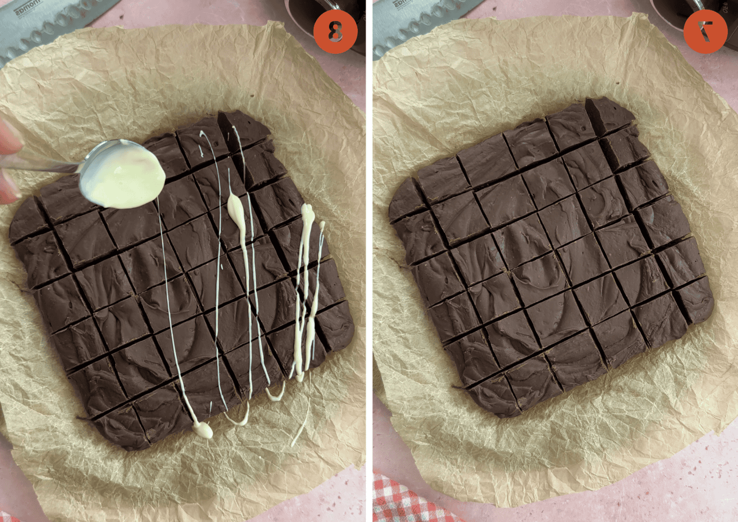 Fudge al Cioccolato in Slow Cooker 8 Il fudge fatto nella slow cooker prima (sinistra) e dopo (destra) essere stato cosparso di cioccolato bianco fuso con un cucchiaio.