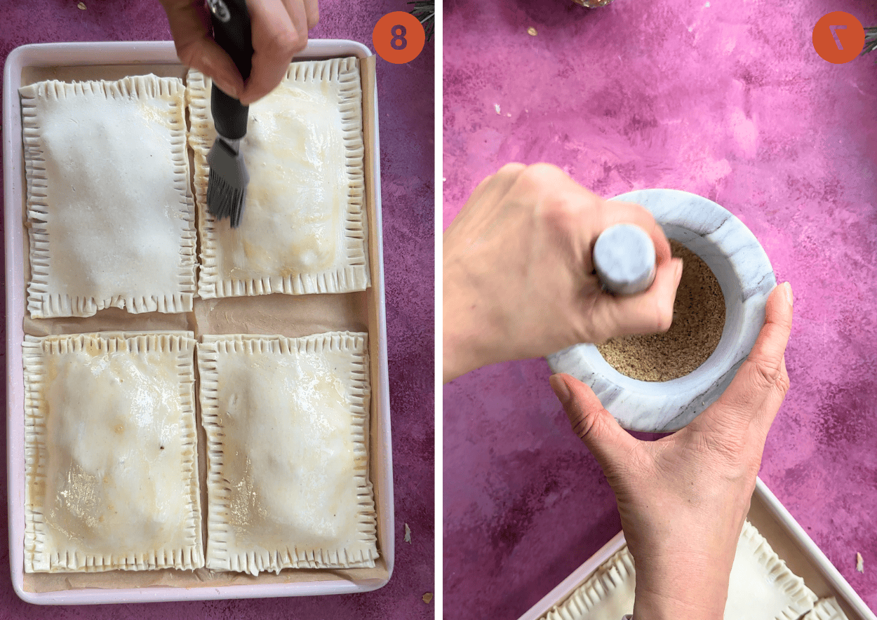Preparazione della crosticina di pangrattato in un mortaio e spennellatura delle torte con uovo.