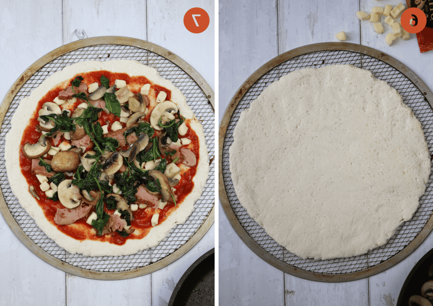 Caputo Impasto per Pizza Senza Glutine 8 L'impasto della pizza steso e (a destra) con i condimenti prima della cottura, pronto per il forno.