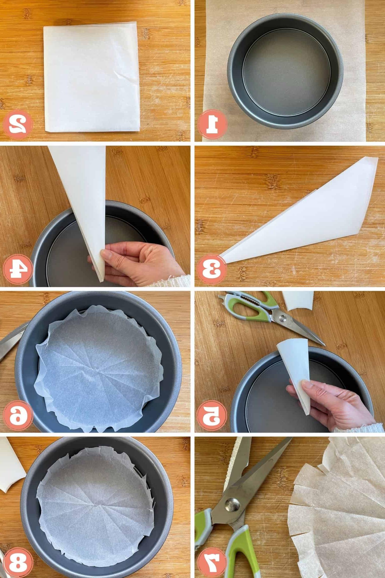 Torta Victoria Senza Glutine 9 Una sequenza di immagini che mostrano come creare una cartouche di carta da forno per rivestire una teglia, un passo essenziale per la cottura perfetta di torte come la Victoria Sponge.