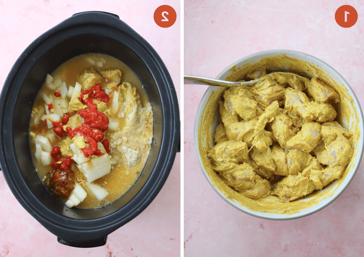 Korma di Pollo a Cottura Lenta 5 Marinatura del pollo e aggiunta di tutti gli ingredienti nella pentola della slow cooker per il korma di pollo.