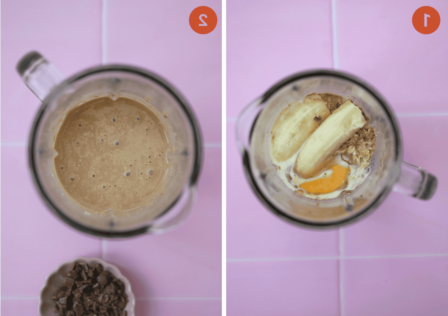 Avena al Forno 5 Gli ingredienti per l'avena al forno nel contenitore del frullatore prima e dopo la frullatura.