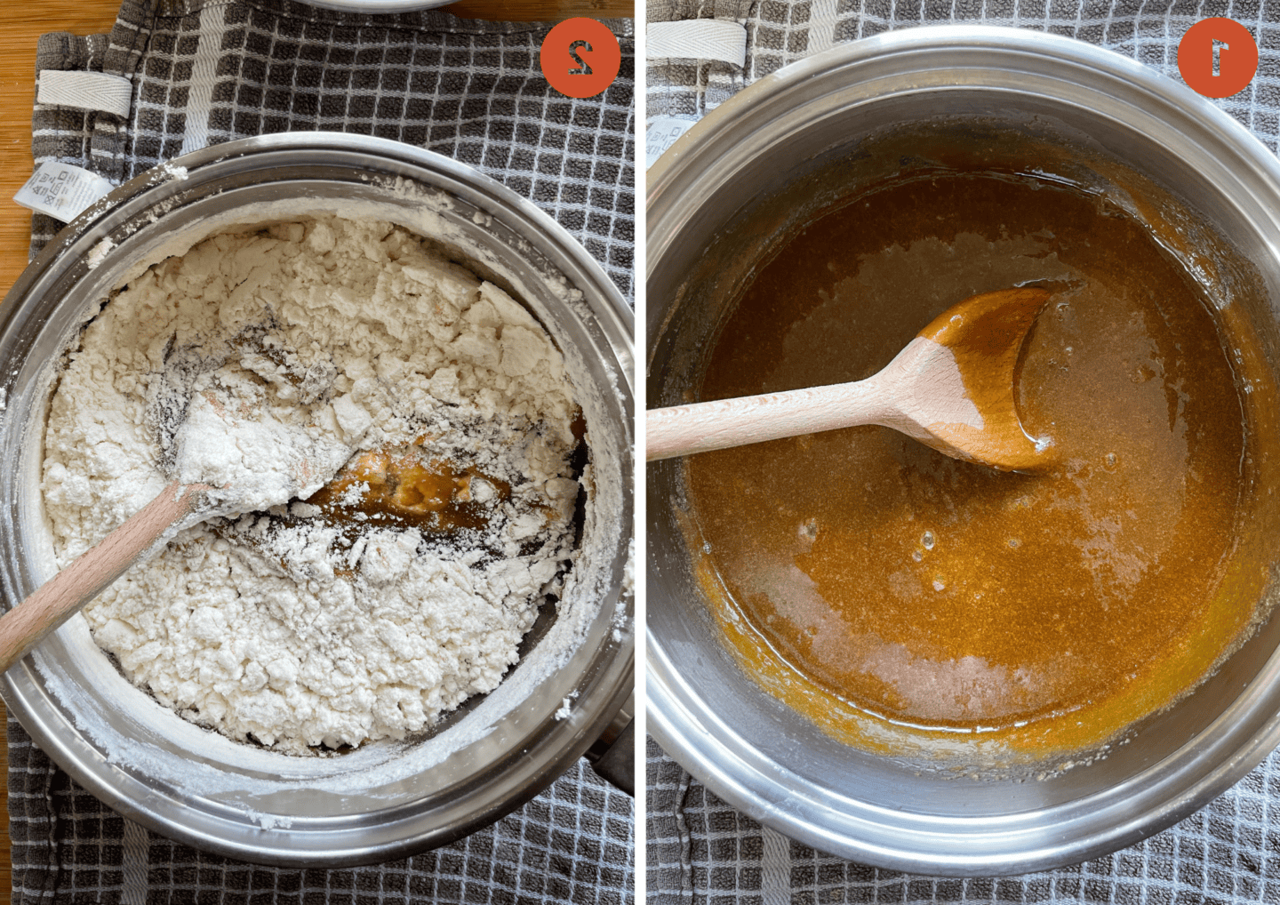 Biscotti Morbidi Senza Glutine 5 Il burro fuso e lo zucchero (a sinistra) e con la farina aggiunta (a destra) in una pentola.