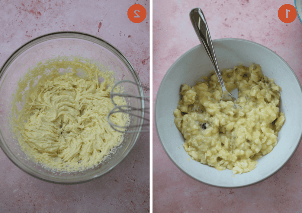 Banana Bread Senza Glutine 5 La banana schiacciata in una ciotola e (a destra) il burro e lo zucchero cremati insieme in una ciotola per impastare.