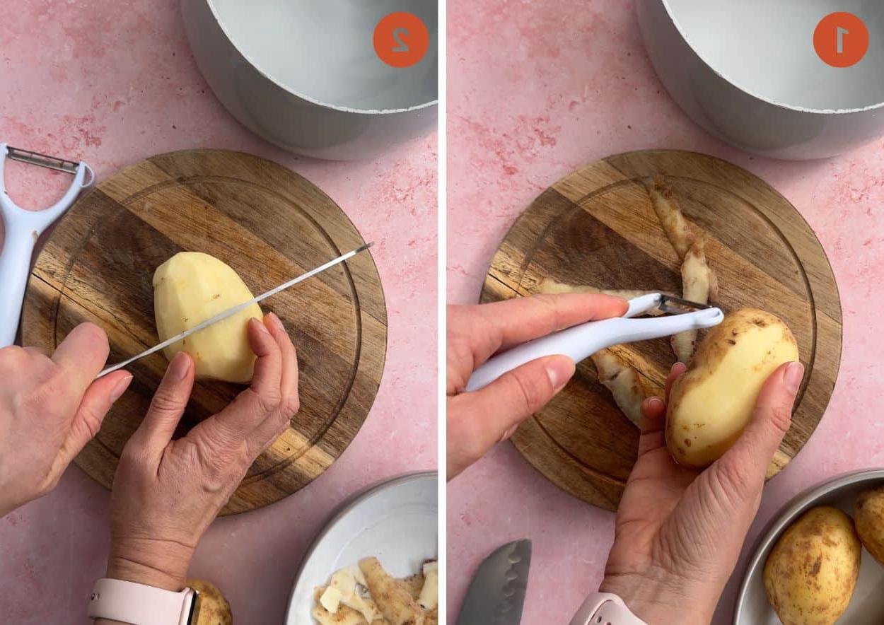 Sbucciare le patate e tagliarle a pezzi uniformi per la cottura nella friggitrice ad aria.