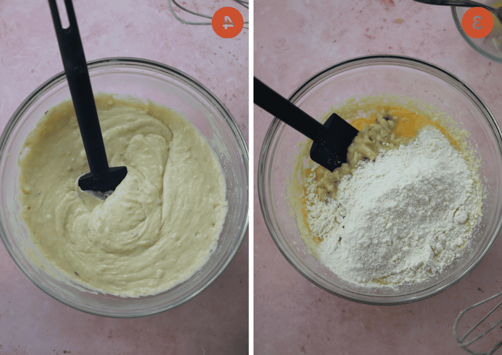 Banana Bread Senza Glutine 6 Fasi del processo della ricetta che mostrano come mescolare tutti gli ingredienti per preparare l'impasto del banana bread.