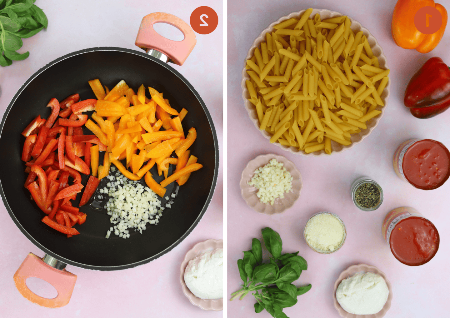 Pasta al Forno Senza Glutine 6 ingredienti per pasta al forno senza glutine sul piano di lavoro e in una padella grande.