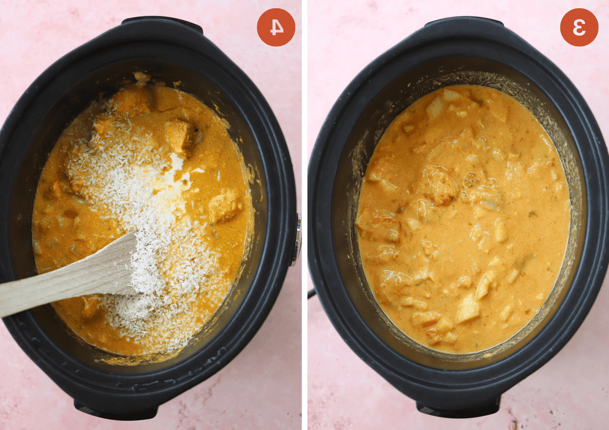 Korma di Pollo a Cottura Lenta 6 Il korma di pollo senza glutine nella slow cooker e (a destra) con panna e cocco grattugiato aggiunti.