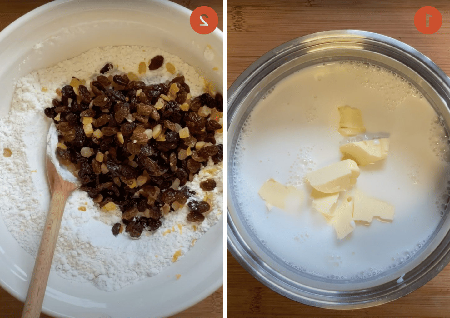 Mescolare latte e burro in una casseruola e ingredienti secchi in una ciotola.