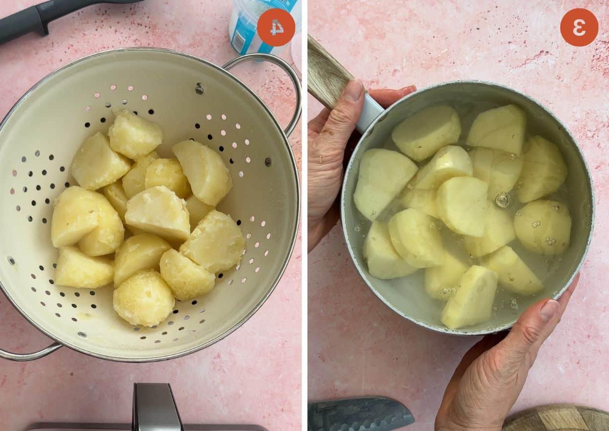 Patate in una pentola con acqua (sinistra) e nello scolapasta dopo l'asciugatura a vapore (destra).