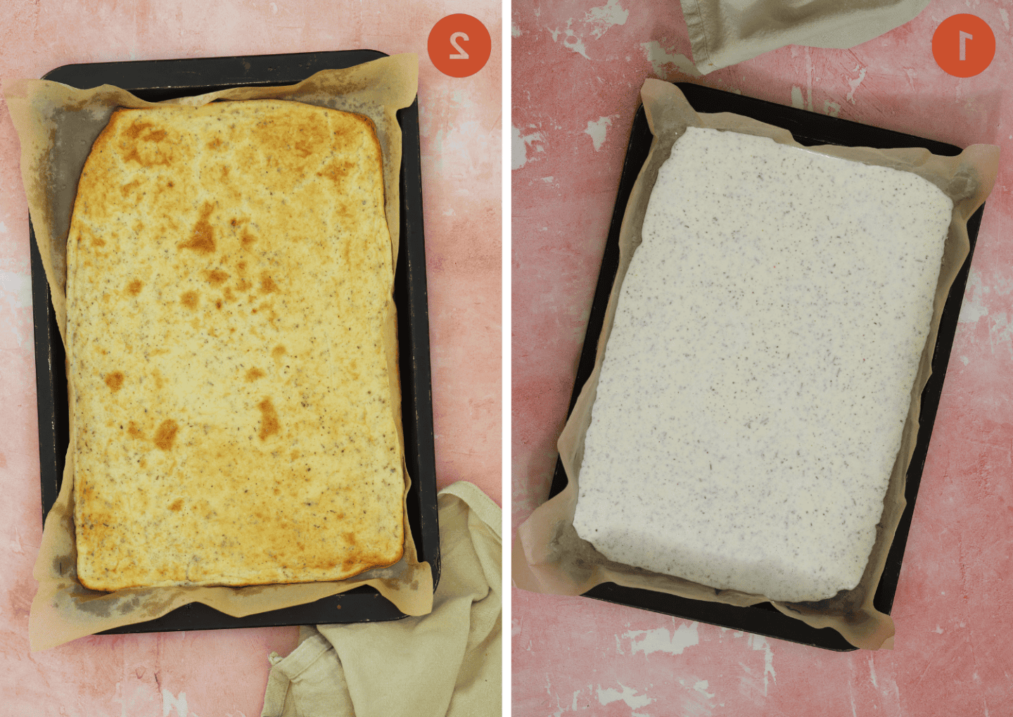 Focaccia con Ricotta 7 La piadina di fiocchi di latte su una teglia da forno prima e dopo la cottura.