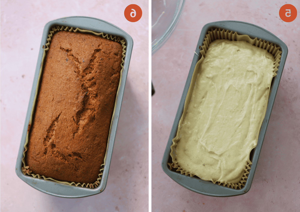 Banana Bread Senza Glutine 7 Il banana bread senza glutine prima e dopo la cottura, in uno stampo da plumcake.