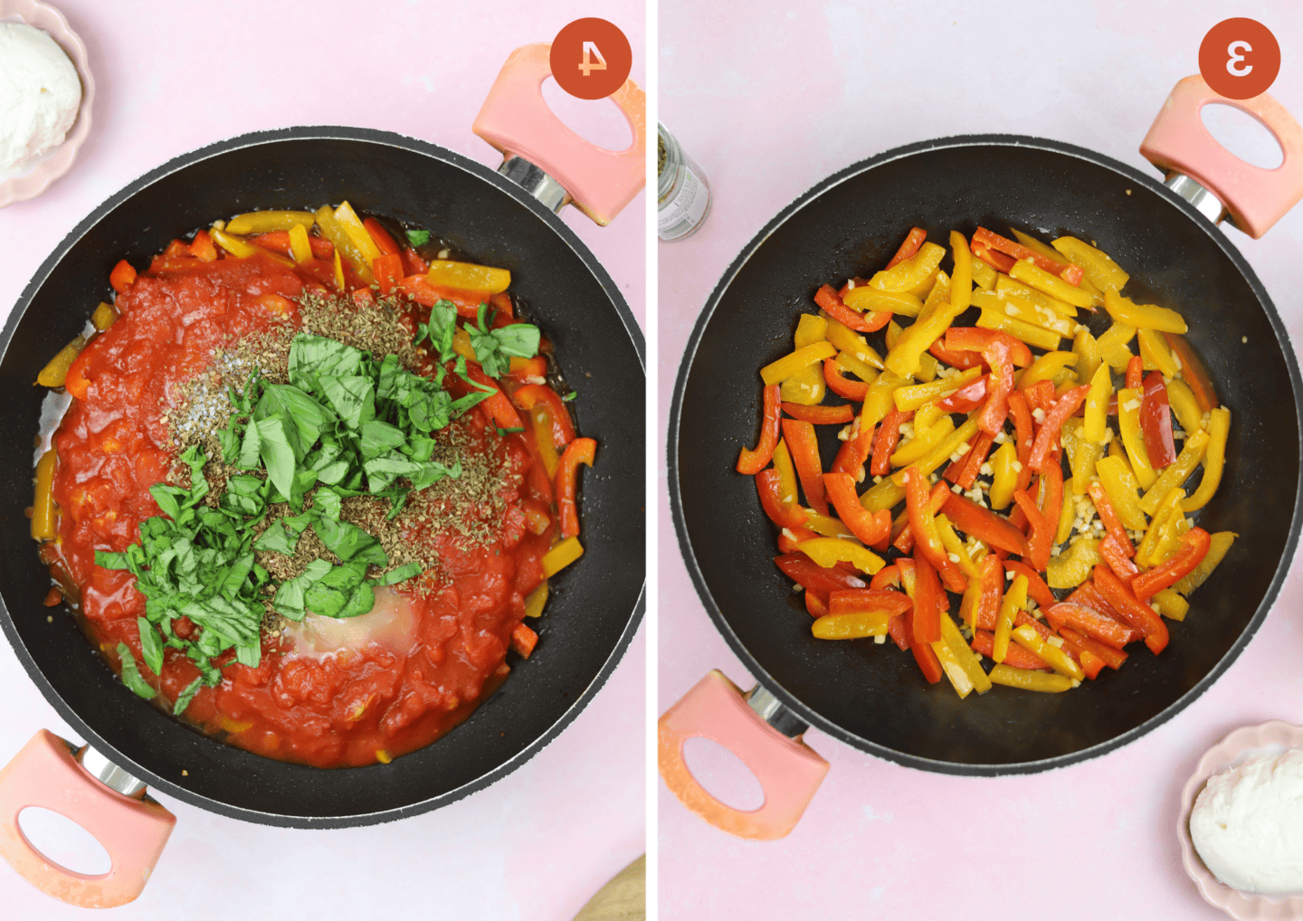 Pasta al Forno Senza Glutine 7 soffriggere i peperoni e aggiungere gli ingredienti della salsa per la pasta al forno nella padella.