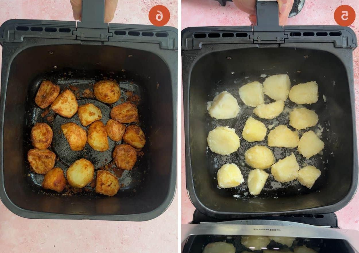 Patate nel cestello della friggitrice ad aria prima (sinistra) e dopo (destra) la cottura.