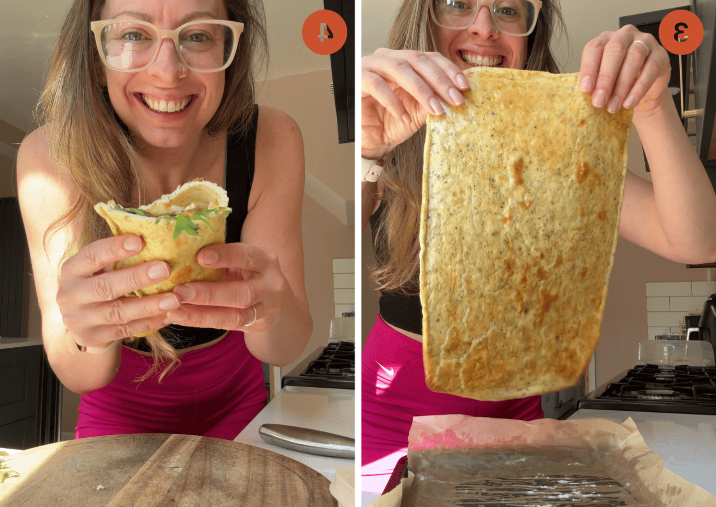 Focaccia con Ricotta 8 L'autrice della ricetta Sarah Howells mostra una piadina di fiocchi di latte cotta e (a destra) una piadina piegata con pollo e insalata.