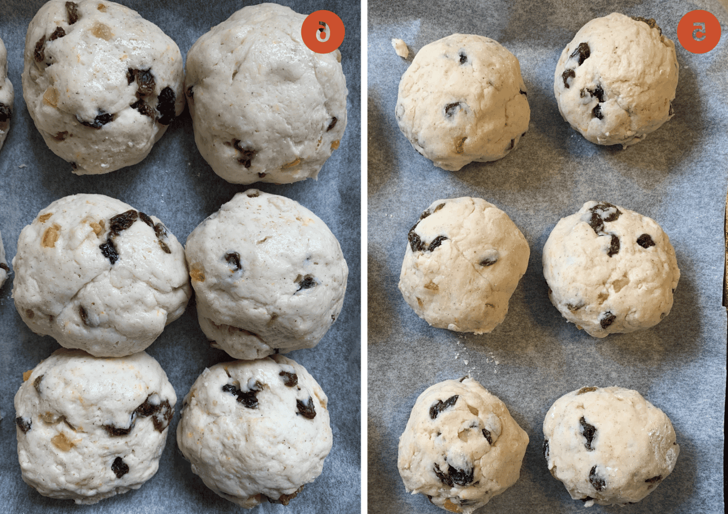Gli Hot Cross Buns prima (sinistra) e dopo (destra) la lievitazione.