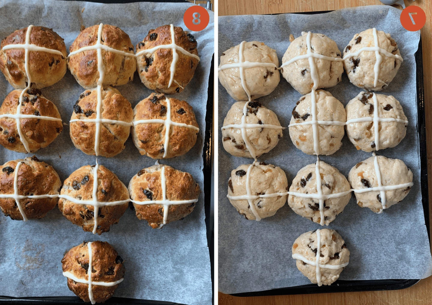 Gli Hot Cross Buns senza glutine su una teglia prima e dopo la cottura.